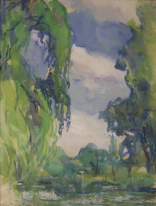 Emily Nichols Hatch Watercolor Lily Pond in a Wooded Landscape