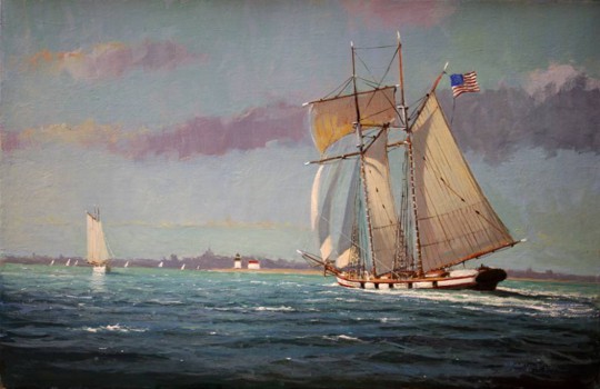 William W. Lowe Oil on Linen "Topsail Schooner Heading Into Harbor ~ Nantucket"