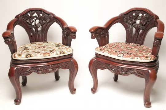 Pair of Japanese Export Carved Wood Armchairs