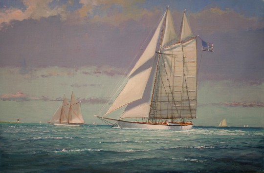 William W. Lowe Oil on Linen "Schooners Arriving - Nantucket"