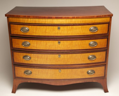 Federal Tiger Maple and Mahogany Bow Fronted Chest of Drawers,