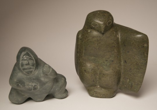 Inuit Stone Carving of an Ice Fisher & A Hawk