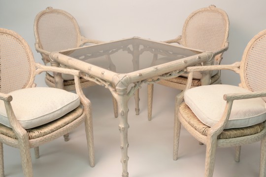 Chip Carved Glass Top Bridge Table and Four Chairs