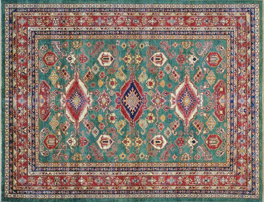 Hand Woven Wool Kazak Carpet, light green.