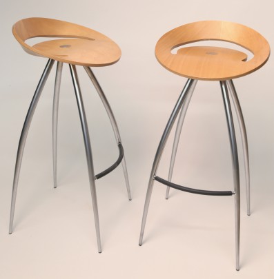 Pair of Lyra Laminated Beechwood and Steel Bar Stools