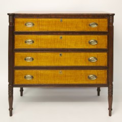 19th Century American Sheraton Mahogany & Tiger Maple Four Drawer Chest