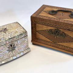 Fine Mother of Pearl Inlaid Tea Caddy and 19th Century Multi-Wood inlaid Triple Compartment Tea Caddy