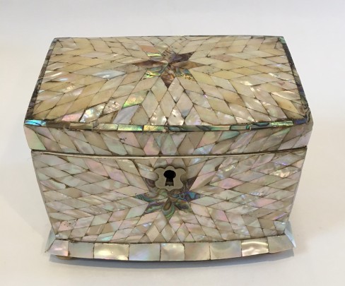 Fine Mother of Pearl Inlaid Tea Caddy and 19th Century Multi-Wood inlaid Triple Compartment Tea Caddy