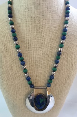 Lapis and Malachite Silver Bead Necklace and Hand Hammered Earrings