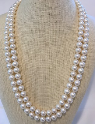 Fine 9.5mm-10mm White Fresh Water Pearl Double Strand Necklace