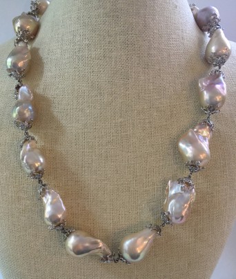 14mm - 30mm Pink Fresh Water Baroque Pearl Necklace, with sterling silver mountings and clasp.