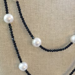 11mm White Fresh Water Pearl and Black Spinel Necklace