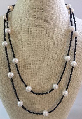 Black Spinel Necklace with 11mm White Freshwater Pearl