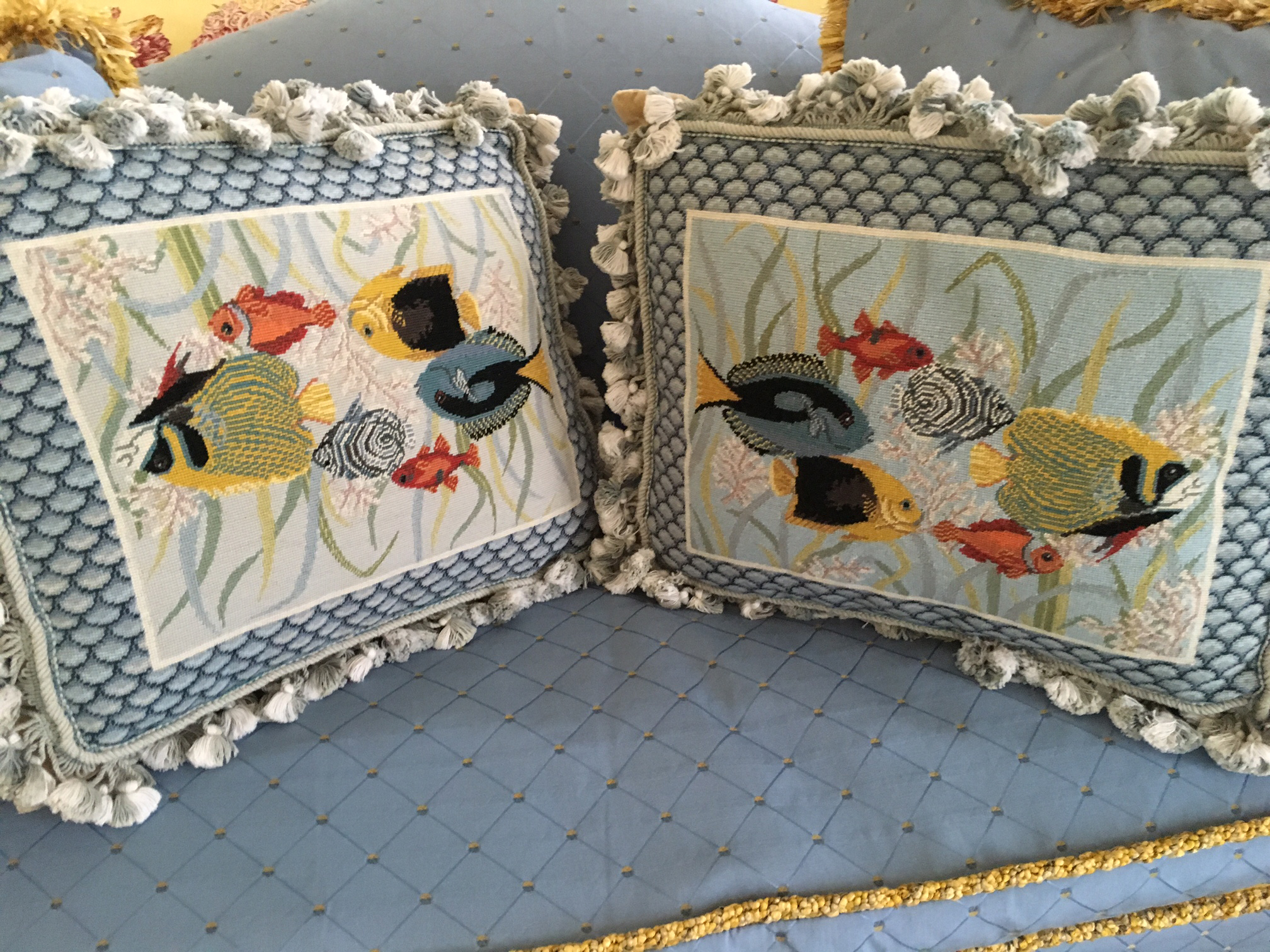 Needlepoint Pair of Fish Embroidered Needlepoint Pillows Rafael