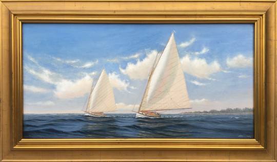 Alan J. Eddy Oil on Board "Two Catboats Sailing"