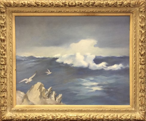 Leslie Lane Oil on Canvas "Rocky Seascape with Seagulls"