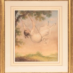 French Nouveau Watercolor on Paper "Girl on a Swing"