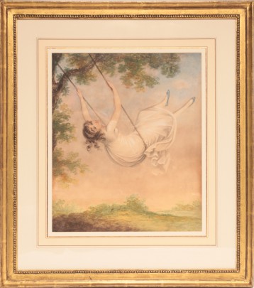 French Nouveau Watercolor on Paper "Girl on a Swing"