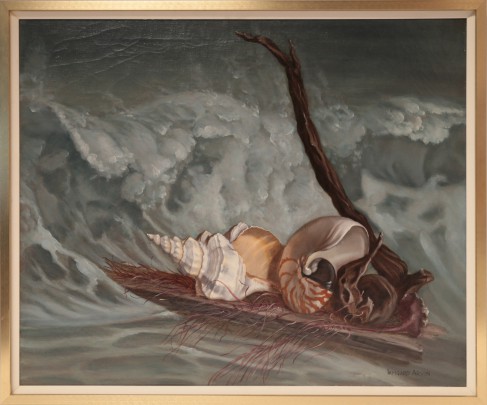 Irmgard Arvin Oil on Canvas "Still Life of Shells Driftwood and Surf"