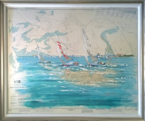 Kerry Hallam Acrylic on Nantucket Nautical Chart "Sailing Around Brant Point - Nantucket"