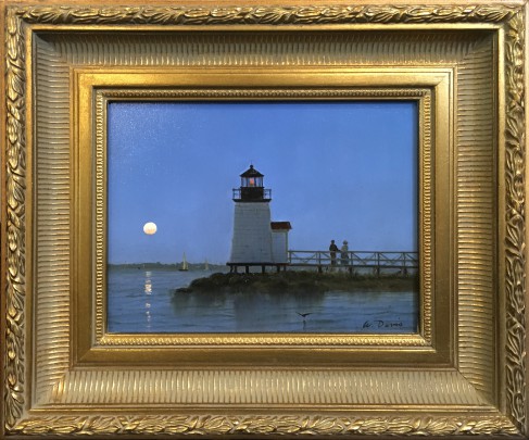 William R. Davis Oil on Board "Moonlight Over Brant Point"