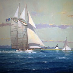 William W. Lowe Oil on Linen "Schooner Departing Nantucket"