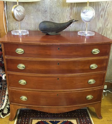 19th Century American Hepplewhite Inlaid Cherry Bow Front Four Drawer Chest