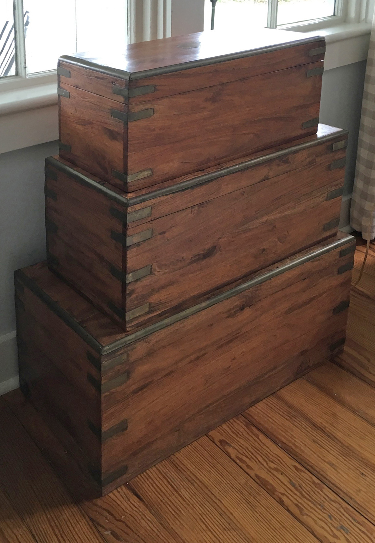 Boxes Stacking Set of Three Brass Bound Teak Wood Boxes Rafael