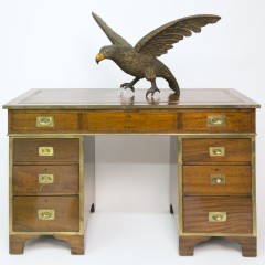 19th Century Three-Part Brass Bound Mahogany Campaign Knee Hole Desk with Carved and Painted Wood Eagle