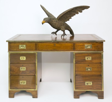 19th Century Three-Part Brass Bound Mahogany Campaign Knee Hole Desk with Carved and Painted Wood Eagle