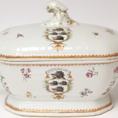 18th Century Chinese Export Famille Rose Cut-Corner Covered Tureen, with hare handles and arms of Nesbitt.