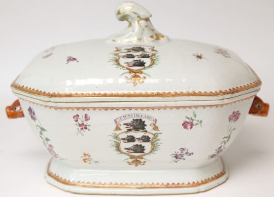 18th Century Chinese Export Famille Rose Cut-Corner Covered Tureen, with hare handles and arms of Nesbitt.