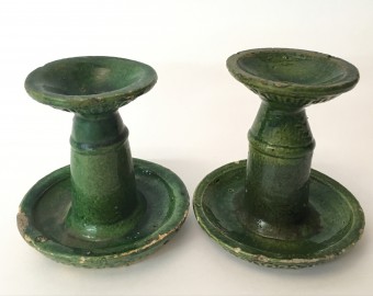 Two 19th Century Chinese Green Glaze Candlesticks