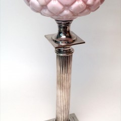 Silver Plated Corinthian Column Kerosene Lamp with Pink Puffy Glass Shade, 19th Century