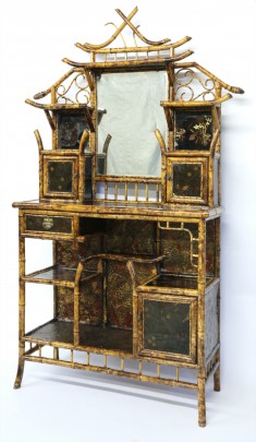 19th Century American Bamboo Painte Lacquer Pressed Gilt Floral Paper Étagère