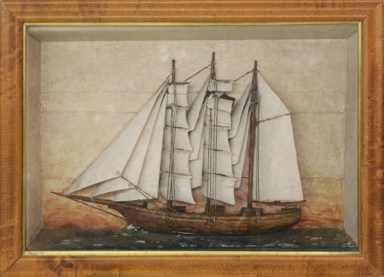 19th Century Sailor Made Shadow Box of a Three-Masted Ship