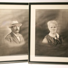 Pair of Vintage Black and White Pastel Portraits of a Man and Woman