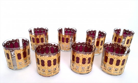 Set of Eight 1960s Vintage Culver LTD "Cranberry" Rocks Glasses