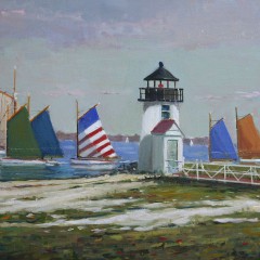 William Lowe Oil on Canvas "Rainbow Fleet Founding Brant Point Lighthouse