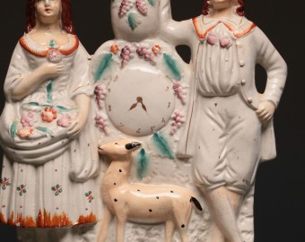 19th C. Staffordshire Figural Group with Clock and Deer