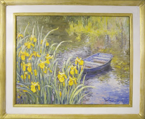 Jan Pawlowski Oil on Canvas Yellow Iris and Dory on the Pond