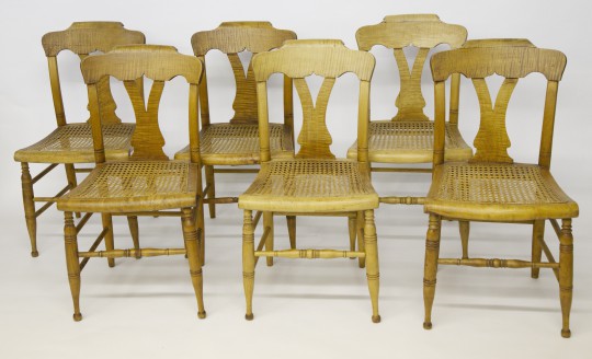 Set of Six 19th C. Tiger Maple Cane Seat Dining Chairs