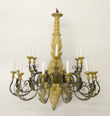 18-Light Carved Wood and Metal Chandelier