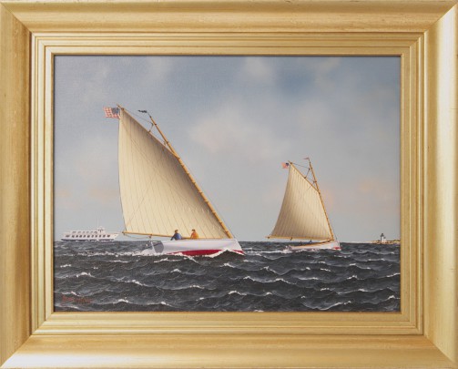 Jerome Howes oil on canvas two catboats rounding the lighthouse