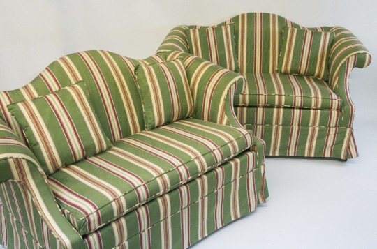 Pair of Petite Upholstered Camelback Settees