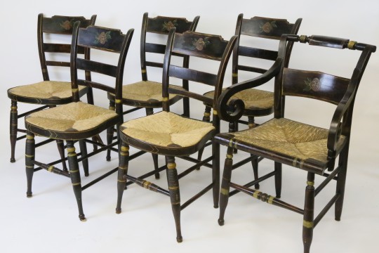 Set of Six American Sheraton Rush Seat Dining Chairs