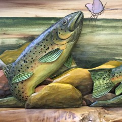 Folk Art Carved and Painted Wood Trout in a Stream Plaque