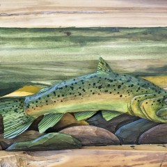 Folk Art Carved and Painted Wood Trout in a Stream Plaque