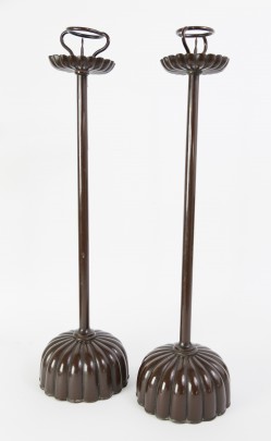 Pair of Japanese Patina Bronze Candlesticks, Height 25 in.