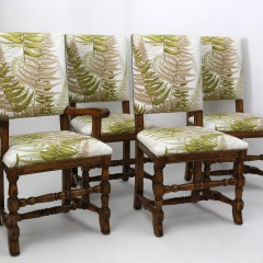 Set of Eight Dining Chairs, fern printed fabric upholstered seats and backs